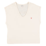 Sleeveless t-shirt w/ deep round neck | Ecru w/ sisters department logo print