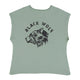 Sleeveless t-shirt w/ deep round neck | Green w/ "black wolf" print