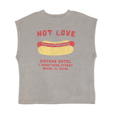 Sleeveless t-shirt w/ deep round neck | Grey w/ hot dog print