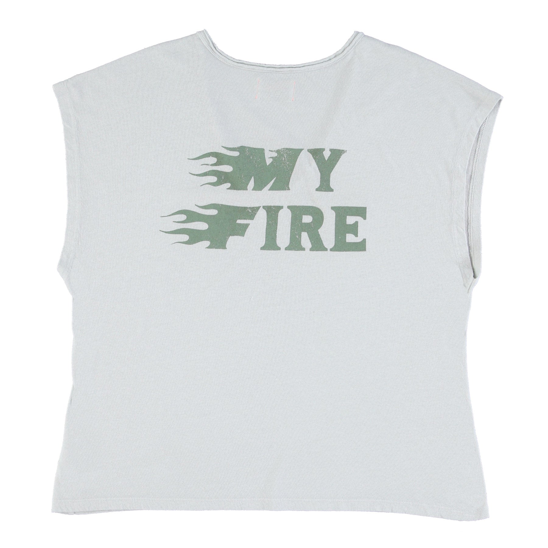 Sleeveless t-shirt w/ deep round neck | Light grey w/ "my fire" print