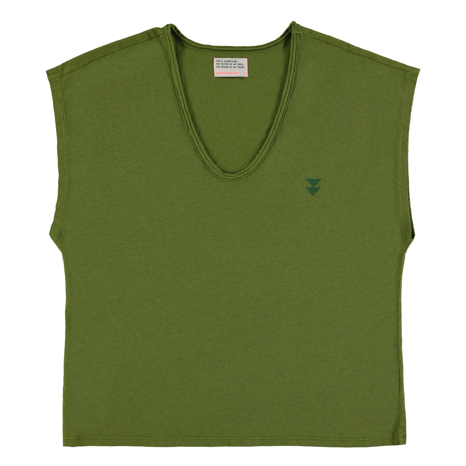 Sleeveless t-shirt w/ deep round neck | Olive green w/ red apple print