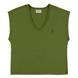 Sleeveless t-shirt w/ deep round neck | Olive green w/ red apple print