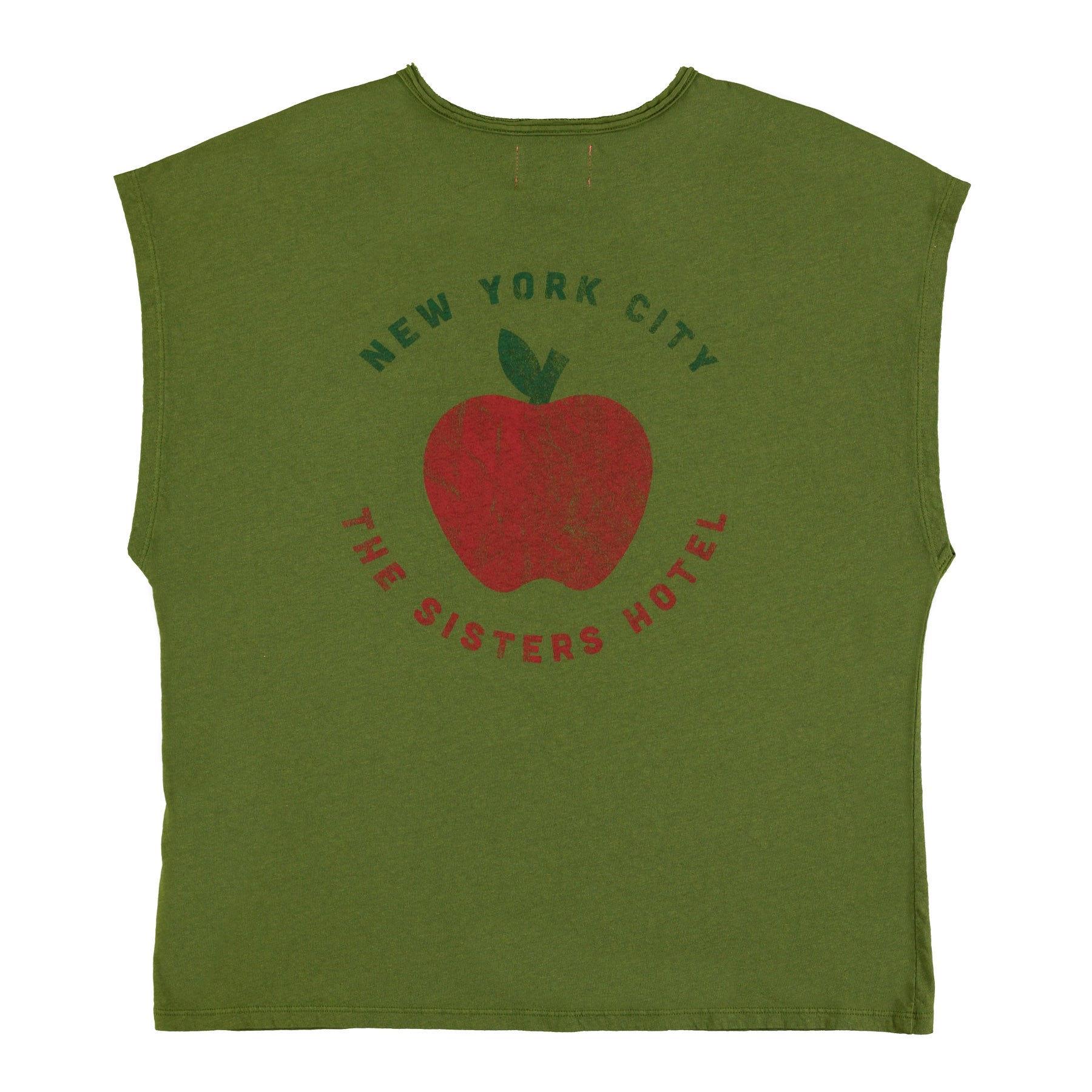 Sleeveless t-shirt w/ deep round neck | Olive green w/ red apple print