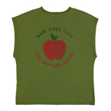 Sleeveless t-shirt w/ deep round neck | Olive green w/ red apple print