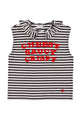 Sleeveless t-shirt w/ petter pan collar | Ecru & black stripes  w/ "cheesy saucy crispy" print