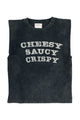Sleeveless t-shirt w/ shoulder pads | Faded black  w/ "cheesy saucy crispy" print