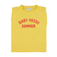 Sleeveless t-shirt w/ shoulder pads | yellow  w/ "baby needs summer" print
