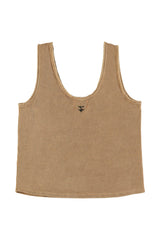 Sleeveless top w/ v-neck | Brown w/ "pizza takeaway" print