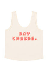 Sleeveless top w/ v-neck | Ecru w/ "say cheese" print