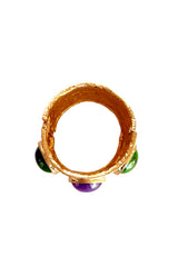 Gold Textured Cuff Bracelet with Purple & Green Stones – Open Bangle