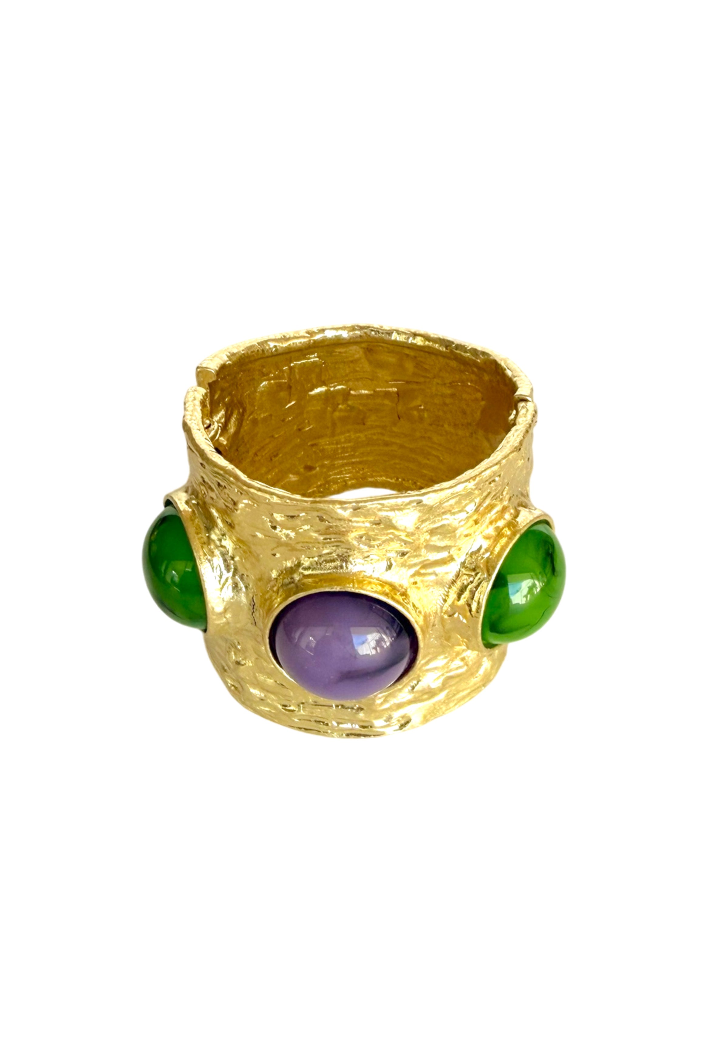 Gold Textured Cuff Bracelet with Purple & Green Stones – Open Bangle