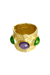 Gold Textured Cuff Bracelet with Purple & Green Stones – Open Bangle