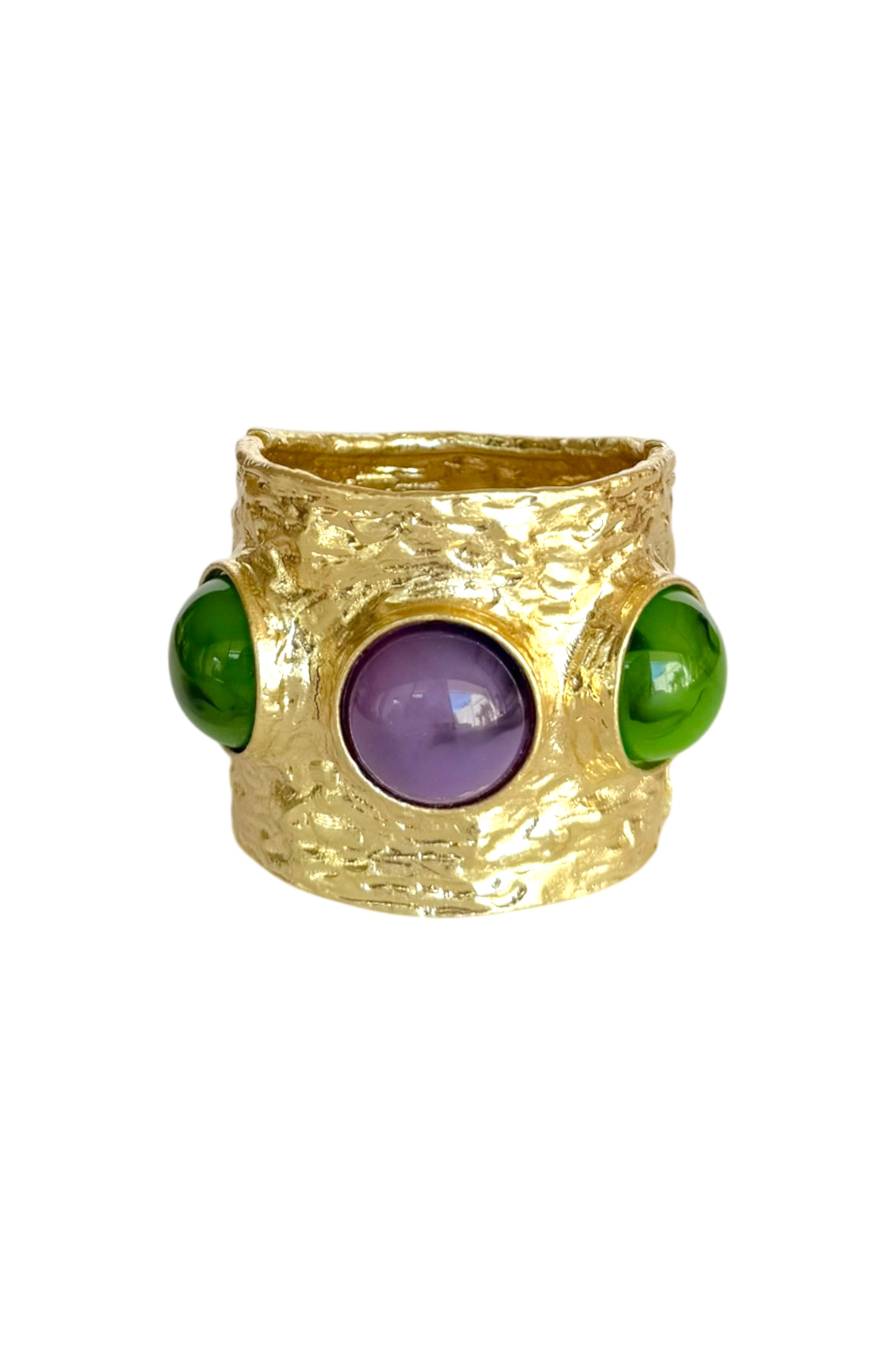 Gold Textured Cuff Bracelet with Purple & Green Stones – Open Bangle