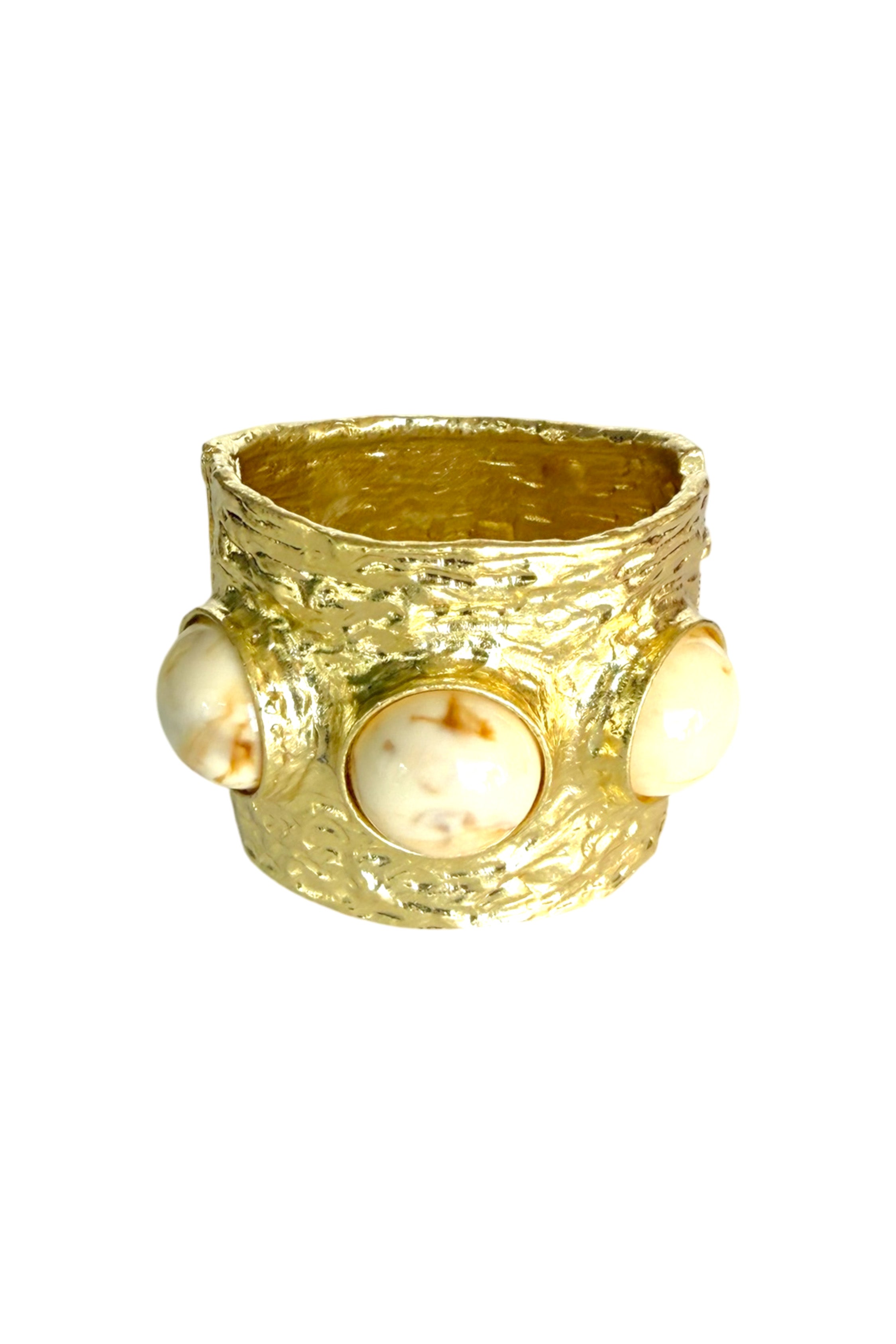 Gold Textured Cuff Bracelet with White Stones – Open Bangle
