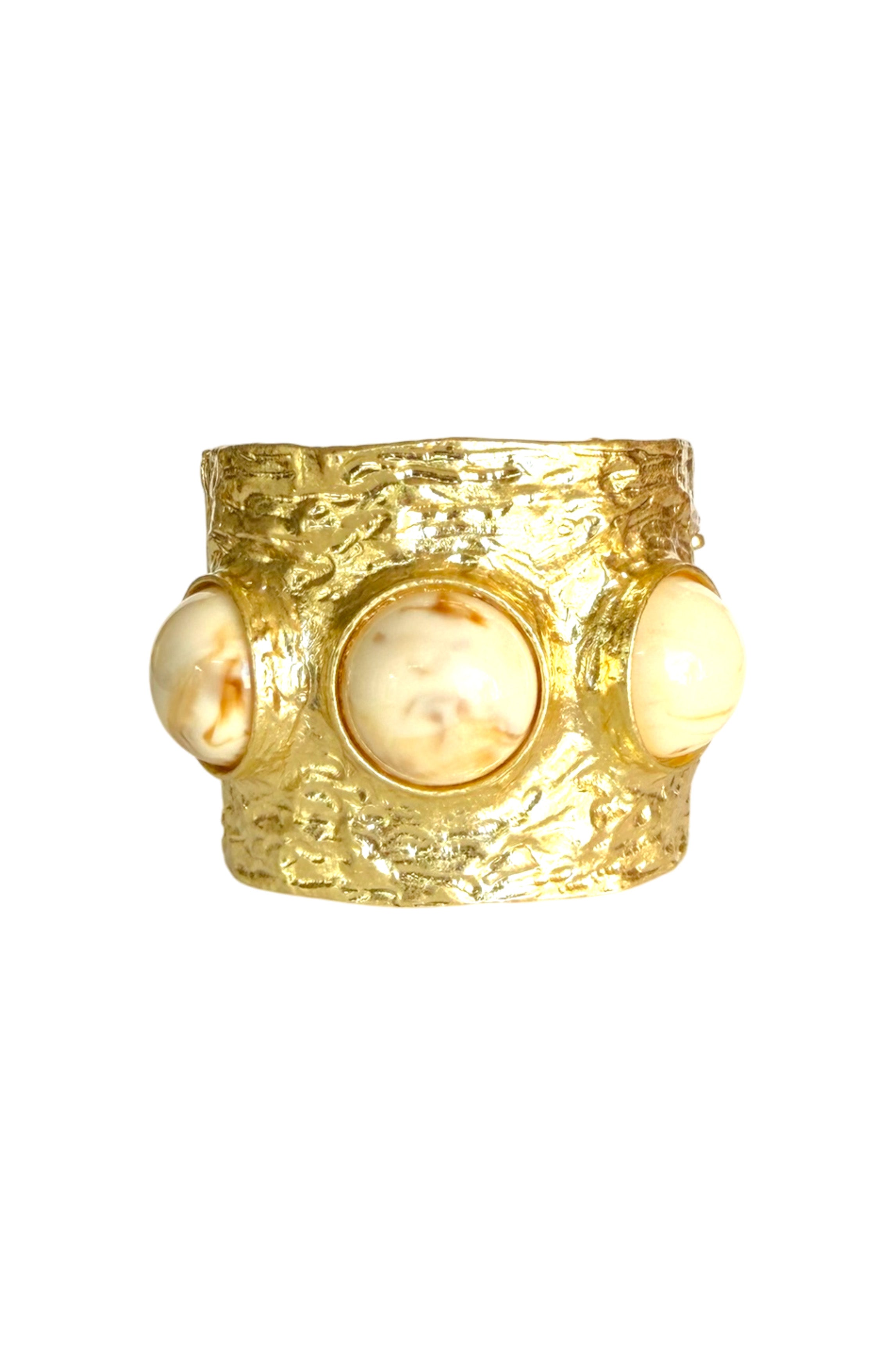 Gold Textured Cuff Bracelet with White Stones – Open Bangle