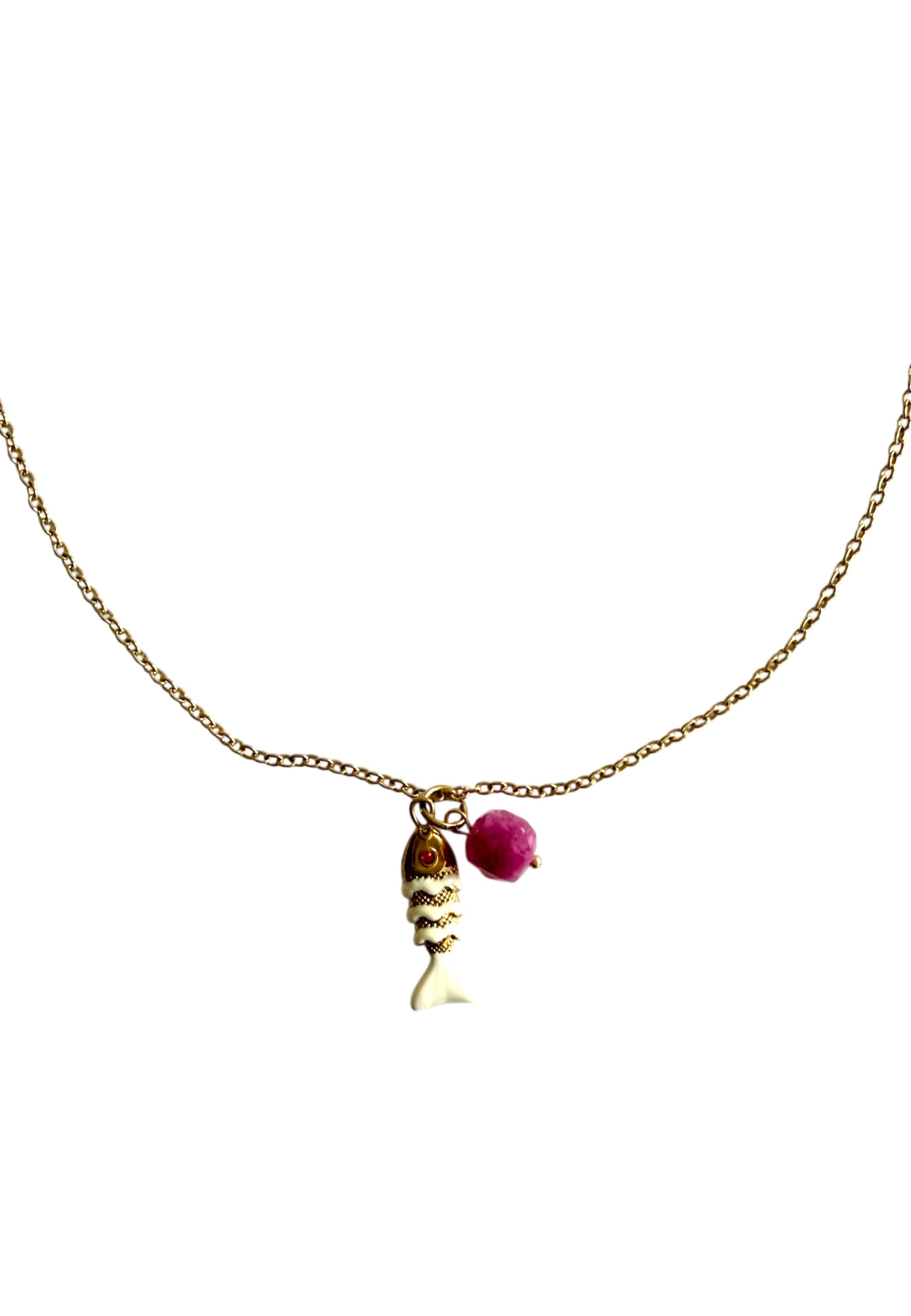 Necklace Fish Ecru w/ Fuchsia Stone