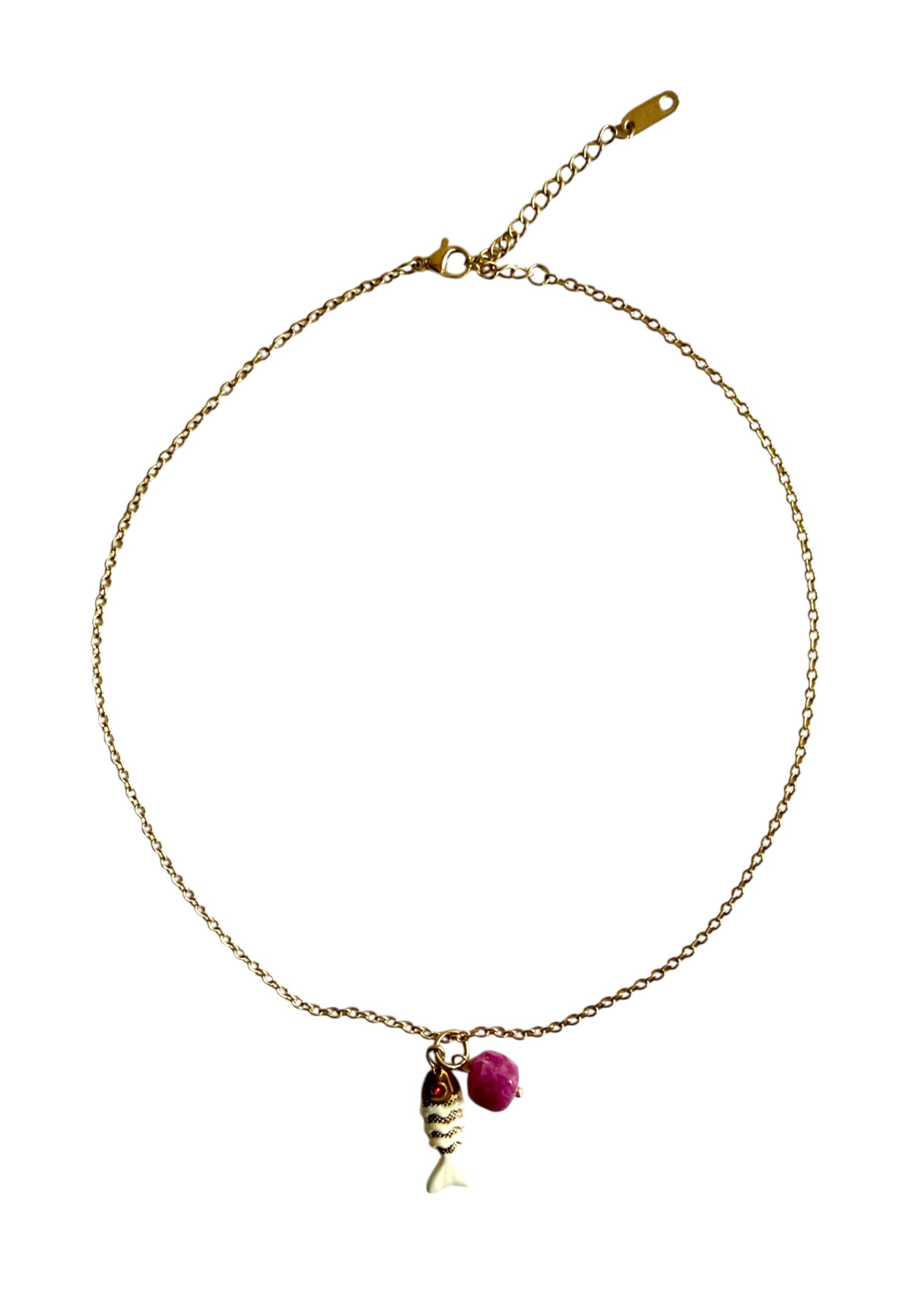 Necklace Fish Ecru w/ Fuchsia Stone