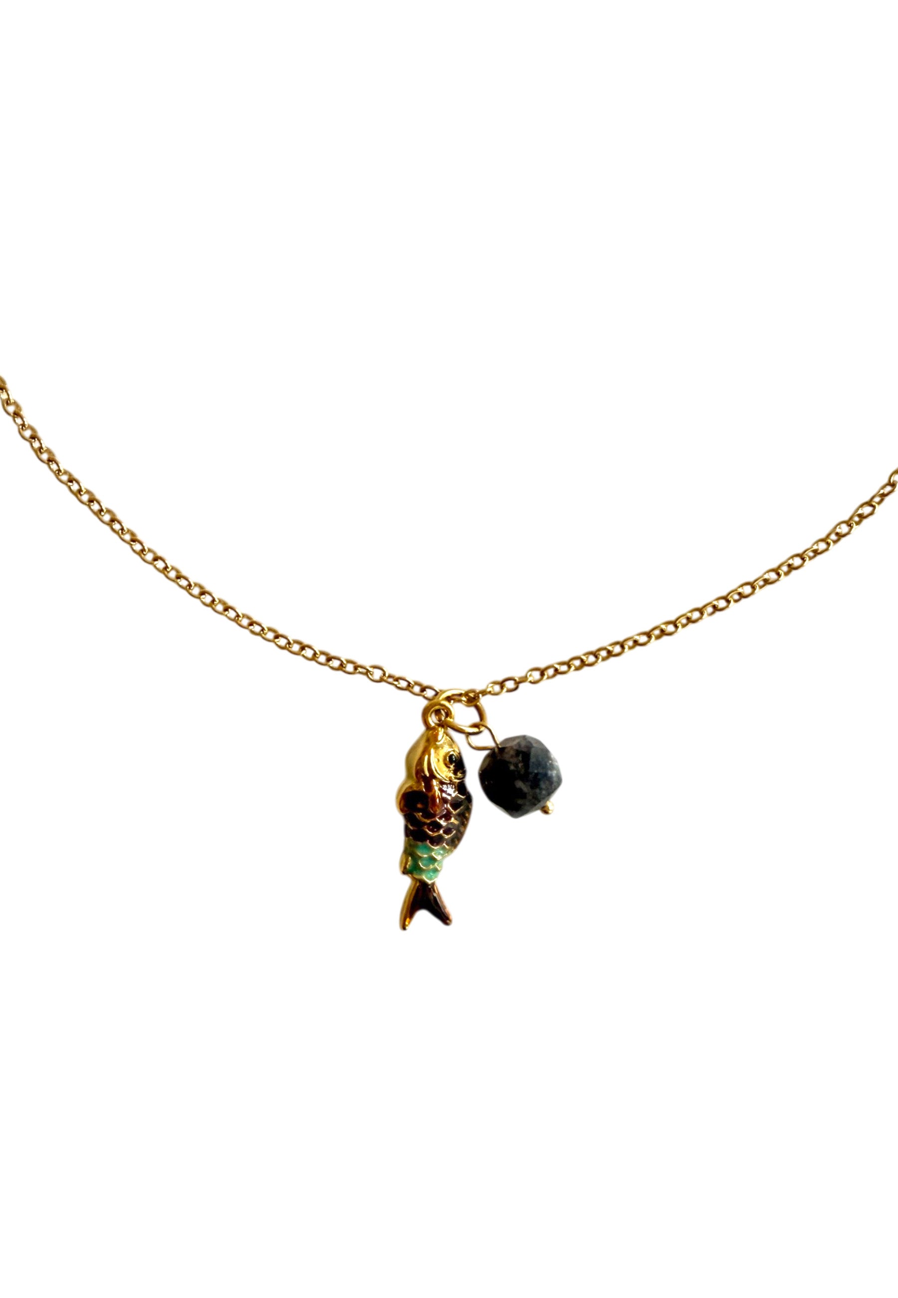Necklace Fish Black w/ Geen Stone