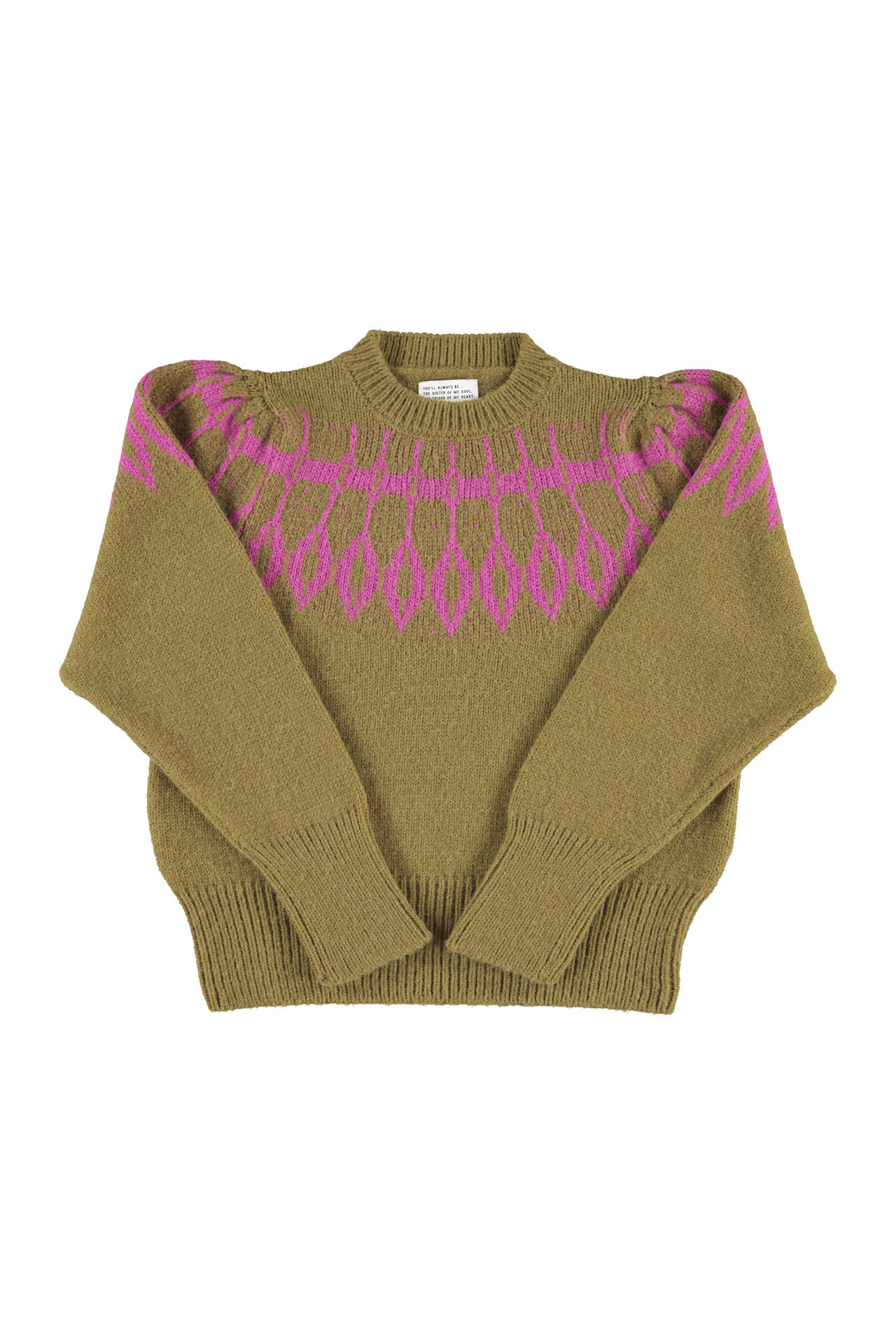 Knitted soft sweater | Olive green w/ fuschia jacquard detail