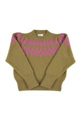 Knitted soft sweater | Olive green w/ fuschia jacquard detail