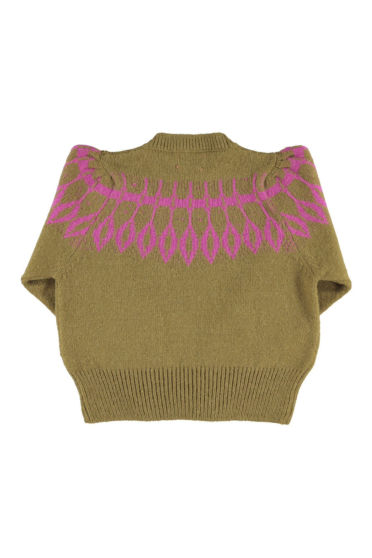 Knitted soft sweater | Olive green w/ fuschia jacquard detail