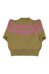Knitted soft sweater | Olive green w/ fuschia jacquard detail
