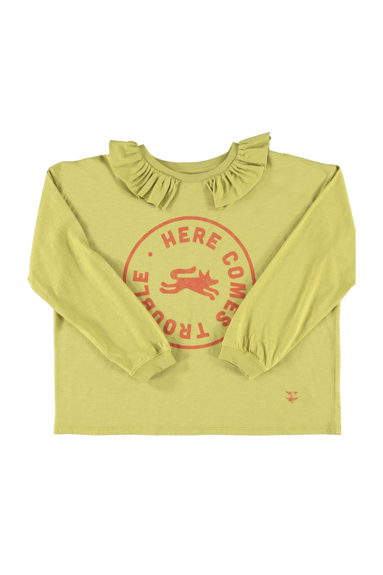 Long sleeve w/ peter pan collar | Olive green w/ "here comes trouble" print