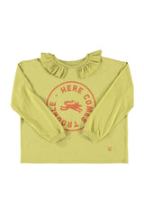 Long sleeve w/ peter pan collar | Olive green w/ "here comes trouble" print
