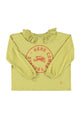Long sleeve w/ peter pan collar | Olive green w/ "here comes trouble" print