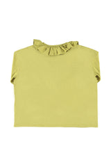 Long sleeve w/ peter pan collar | Olive green w/ "here comes trouble" print