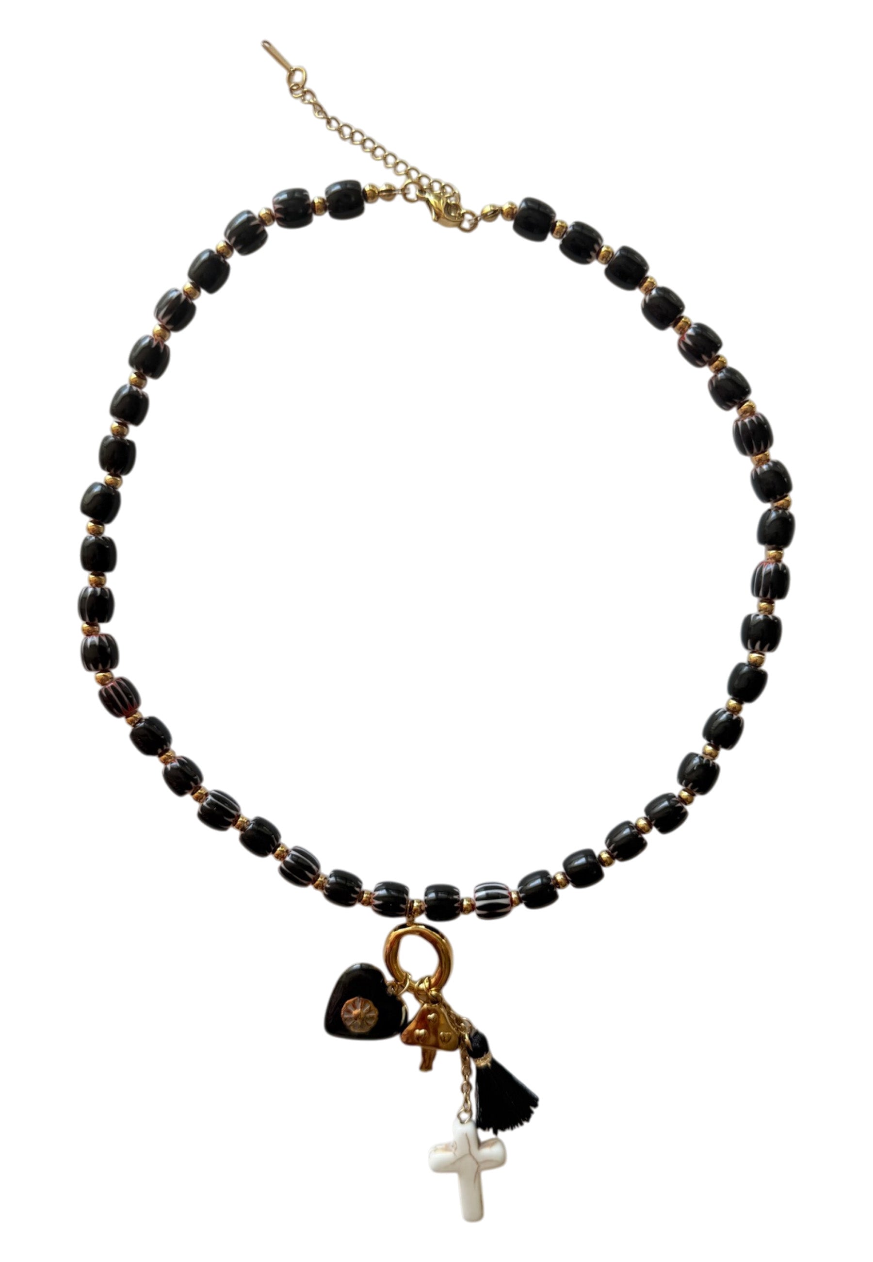 Black Beaded Necklace with Charms
