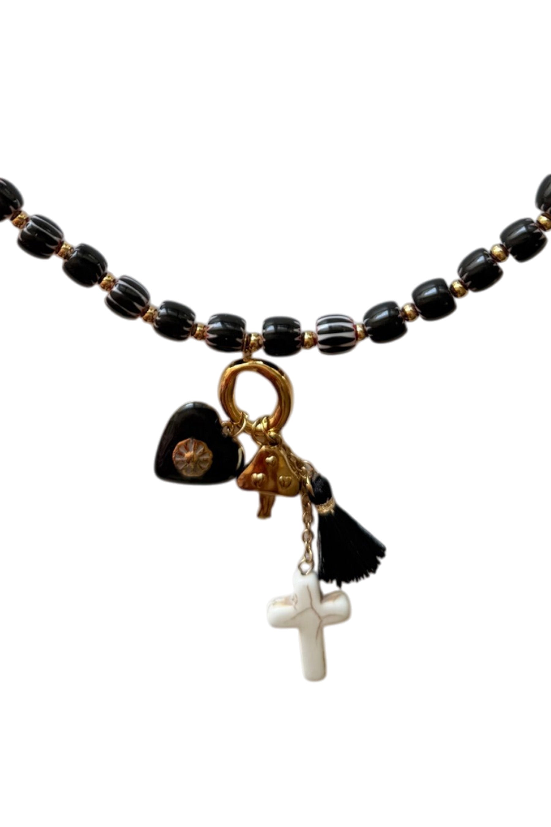 Black Beaded Necklace with Charms