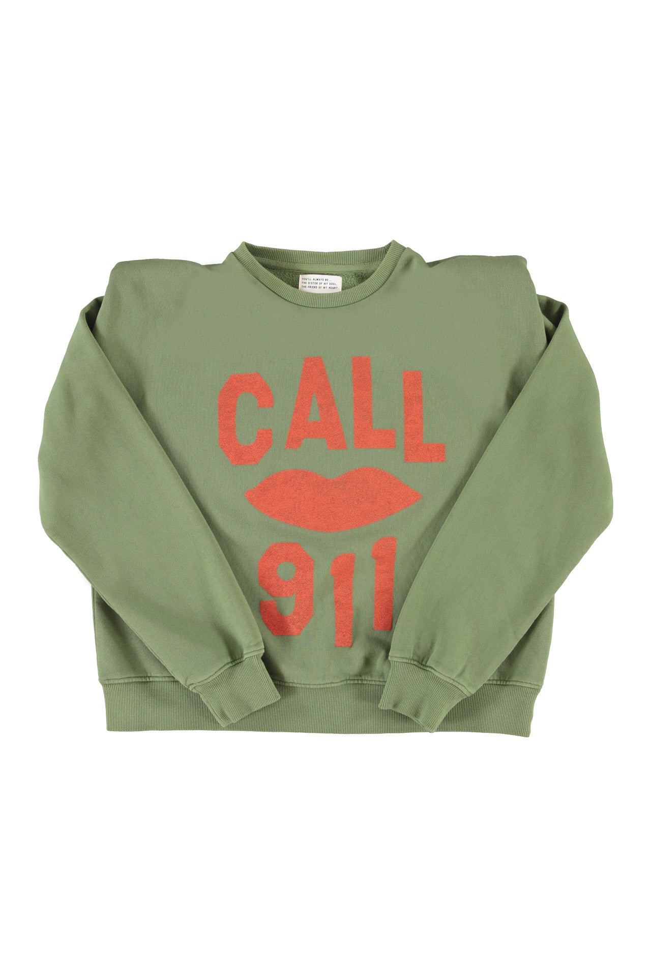Shoulder pad sweatshirt | Green w/ "call 911" print