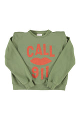 Shoulder pad sweatshirt | Green w/ "call 911" print