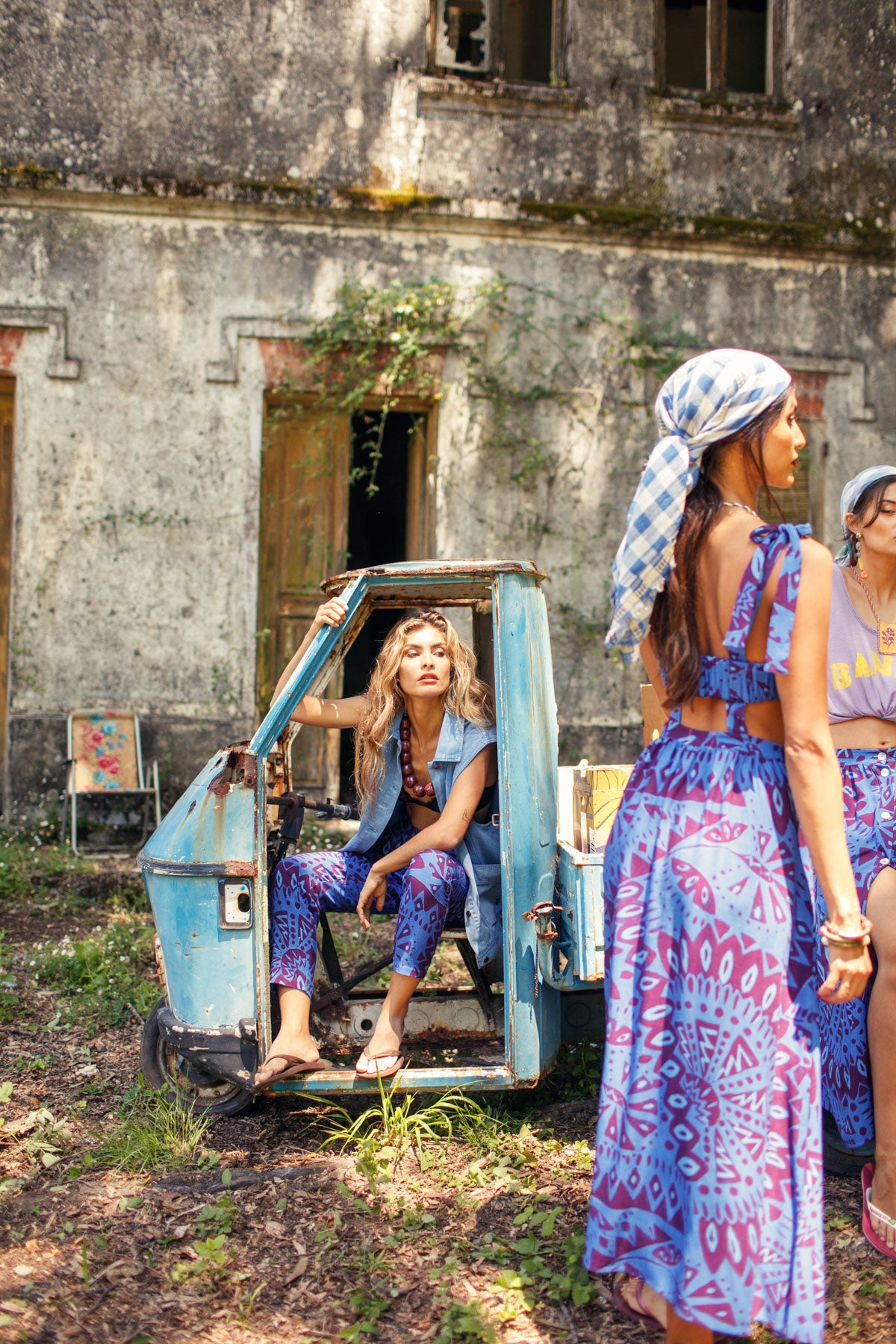 Long dress | Blue & bordeaux printed