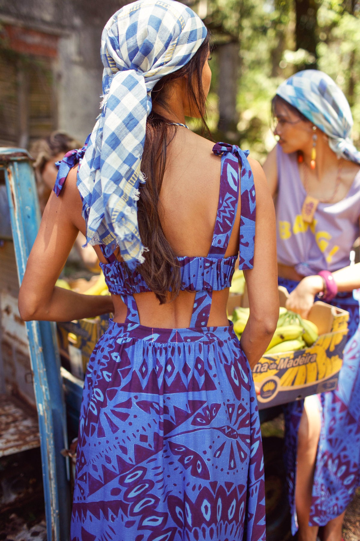 Long dress | Blue & bordeaux printed