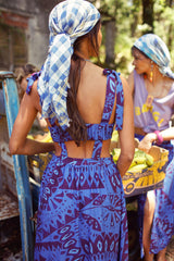 Long dress | Blue & bordeaux printed