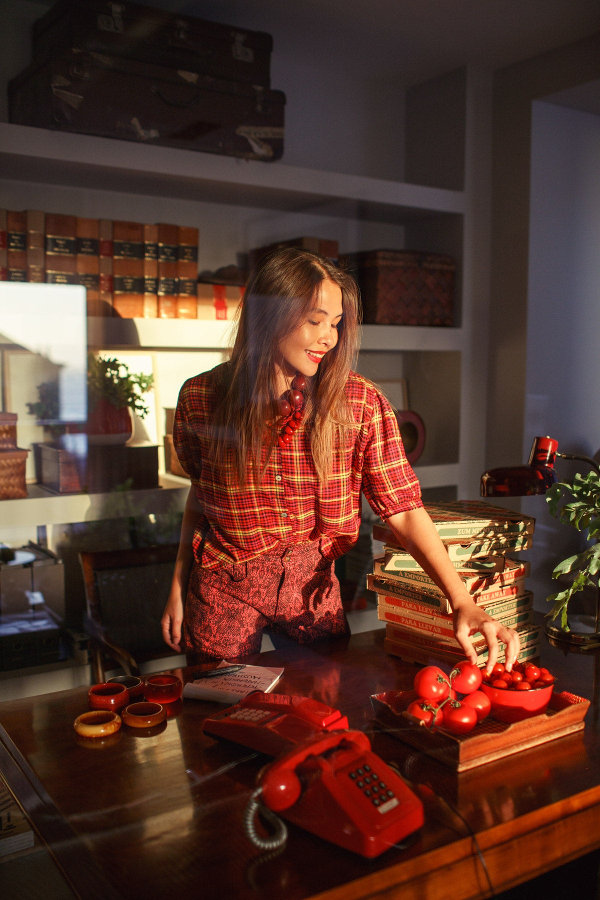 Short sleeve blouse w/ collar | Pink checkered