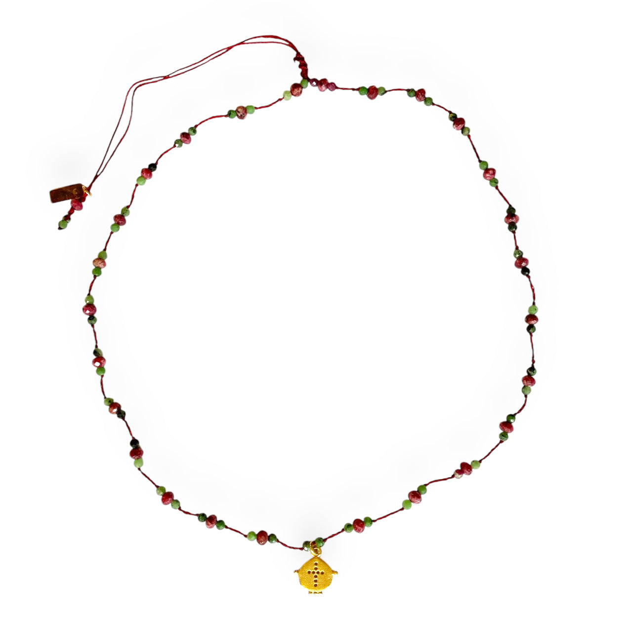 Necklace cord w/ glass beads & golden pendant w/ cross