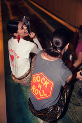 Short sleeve t-shirt w/ deep round neck | Grey w/ "rock n roll" print