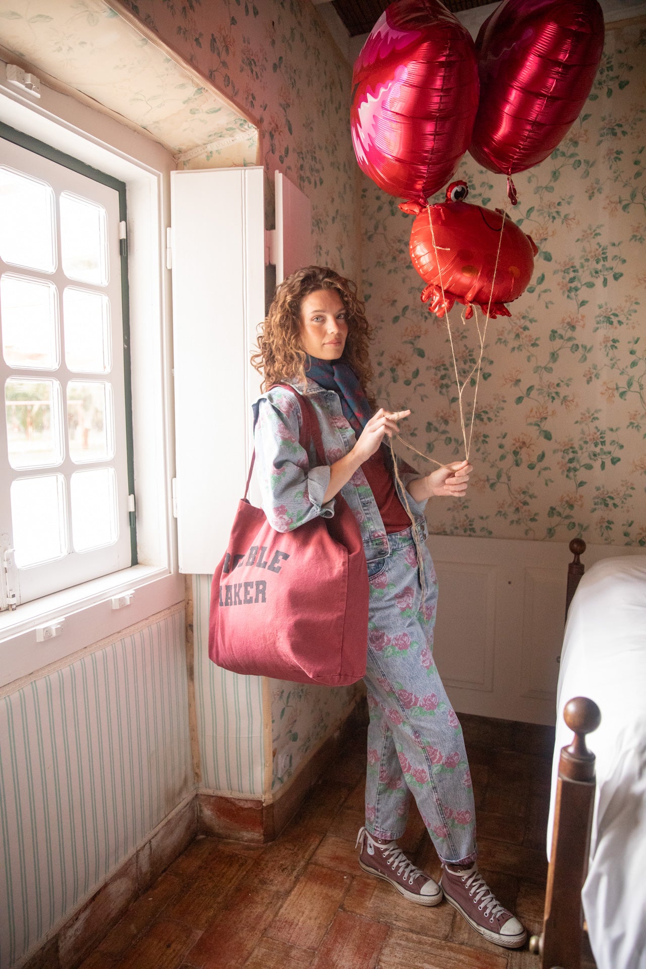 Trousers | Washed blue denim w/  flowers