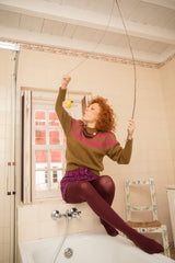 Knitted soft sweater | Olive green w/ fuschia jacquard detail