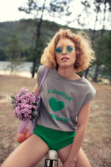 Sleeveless t-shirt w/ shoulder pads | Grey w/ "l´amour" print