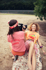 Sleeveless t-shirt/top w/ round neck | peach w/ cherries print