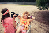 Sleeveless t-shirt/top w/ round neck | peach w/ cherries print