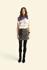 Short skirt | Washed black denim w/ animal print