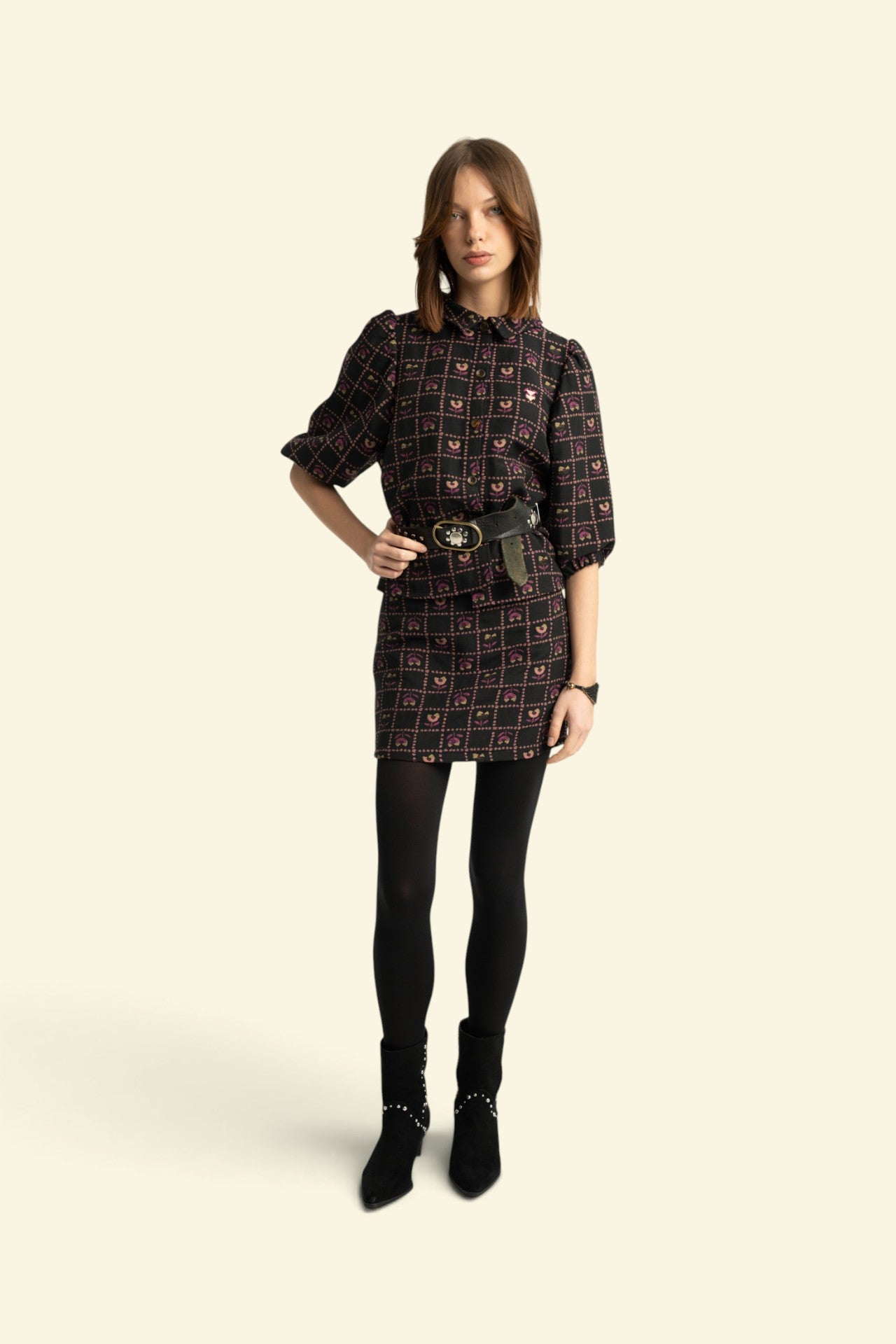 Jacquard shirt/jacket | Black w/ floral checkered