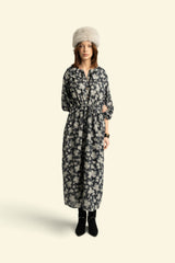Long dress w/ collar | Black w/ floral jacquard