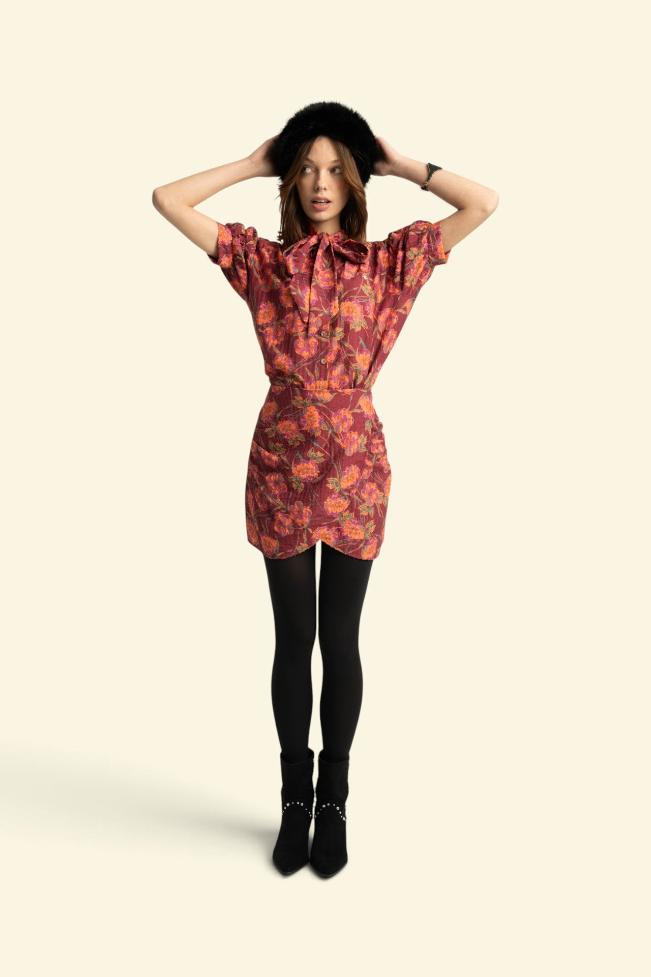 Blouse w/ bow | Bordeaux w/ multicolor flowers