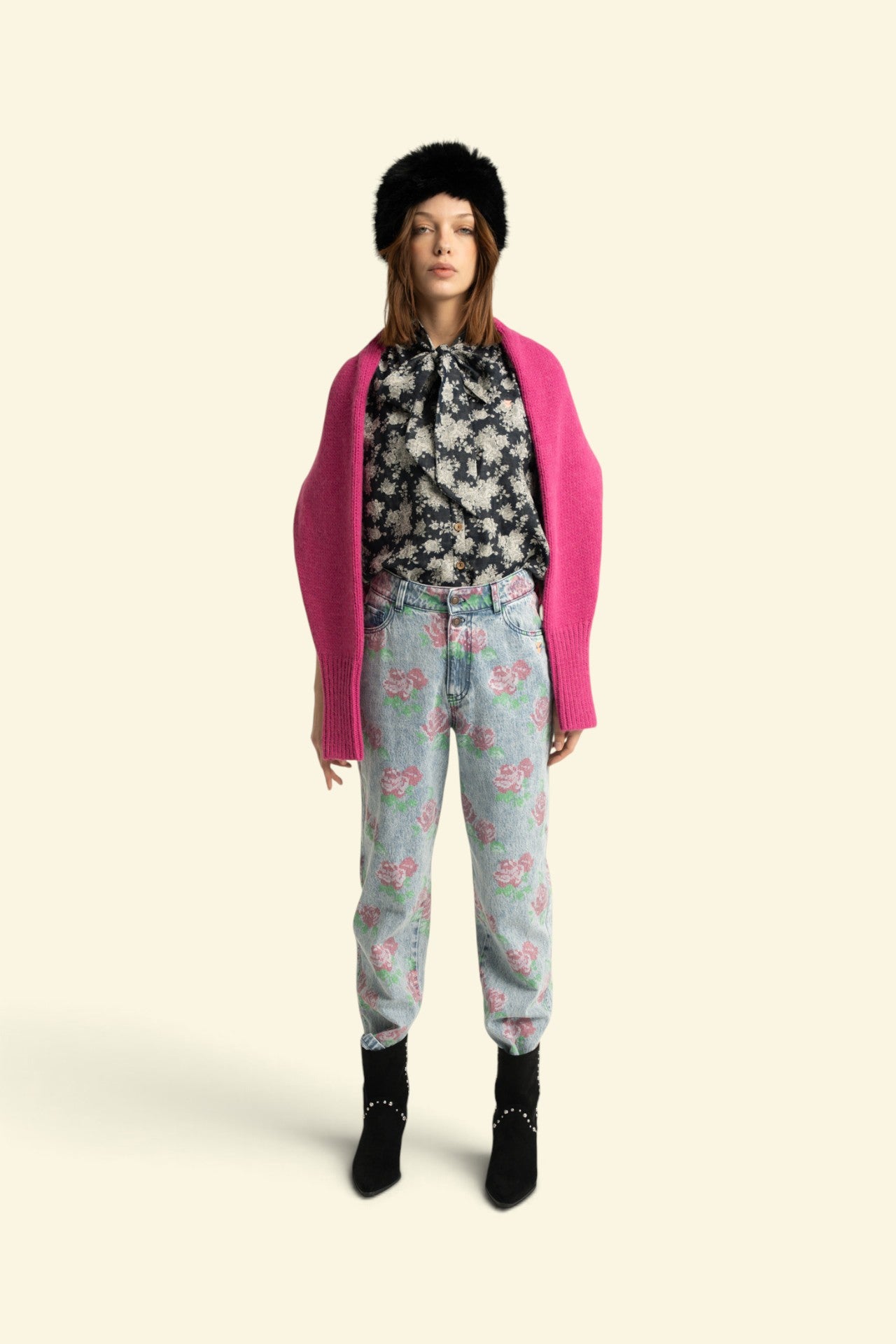 Trousers | Washed blue denim w/  flowers